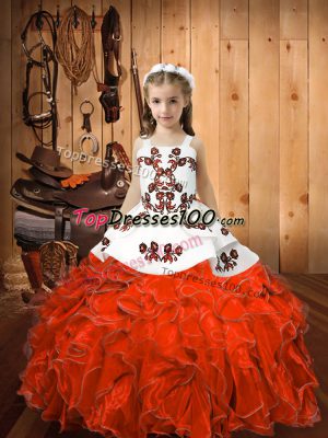 Low Price Orange Red Ball Gowns Embroidery and Ruffles Little Girl Pageant Gowns Lace Up Organza Sleeveless Floor Length