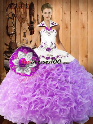 Halter Top Sleeveless Fabric With Rolling Flowers Sweet 16 Quinceanera Dress Embroidery Lace Up