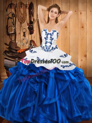 Modern Blue Strapless Neckline Embroidery and Ruffles Ball Gown Prom Dress Sleeveless Lace Up