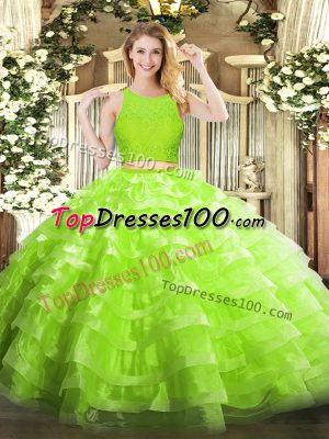 Lovely Yellow Green Scoop Neckline Lace and Ruffled Layers Quince Ball Gowns Sleeveless Zipper
