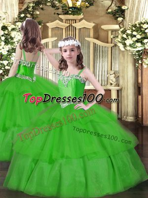 Green Ball Gowns Organza Straps Sleeveless Beading and Ruffled Layers Floor Length Lace Up Little Girls Pageant Dress