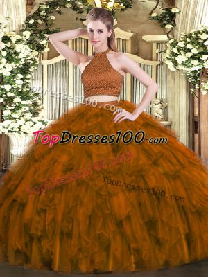 Adorable Brown Ball Gowns Halter Top Sleeveless Organza Floor Length Backless Beading and Ruffles Ball Gown Prom Dress