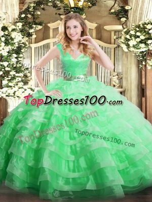Apple Green Sleeveless Organza Zipper Quince Ball Gowns for Military Ball and Sweet 16 and Quinceanera