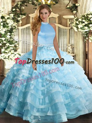 Eye-catching Floor Length Baby Blue 15th Birthday Dress Halter Top Sleeveless Backless