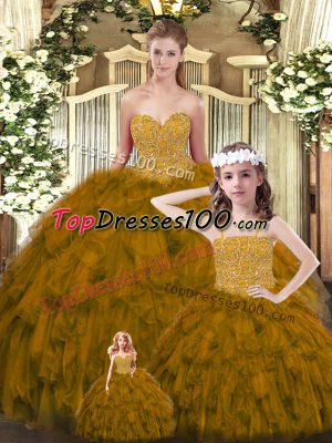 Cute Sleeveless Floor Length Beading and Ruffles Lace Up Vestidos de Quinceanera with Brown