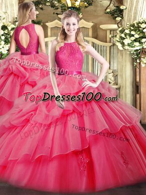 Elegant Coral Red Organza Zipper Scoop Sleeveless Floor Length Quinceanera Gown Lace and Ruffled Layers