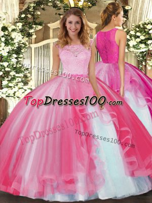 Super Hot Pink Clasp Handle Scoop Lace and Ruffles Ball Gown Prom Dress Tulle Sleeveless