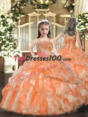 Orange Sleeveless Floor Length Beading and Sequins Lace Up Little Girl Pageant Dress