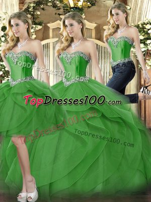 Luxurious Green Three Pieces Beading and Ruffles Sweet 16 Dress Lace Up Organza Sleeveless Floor Length