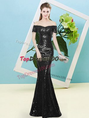 Black Short Sleeves Floor Length Sequins Zipper Prom Gown