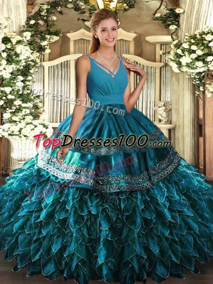 Blue Ball Gowns V-neck Sleeveless Organza Floor Length Side Zipper Beading and Appliques and Ruffles Sweet 16 Quinceanera Dress