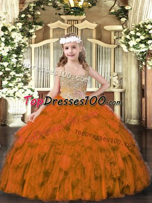 Sleeveless Tulle Floor Length Lace Up Party Dress for Girls in Brown with Beading and Ruffles