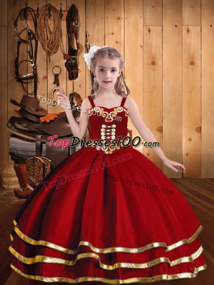 Red Organza Lace Up Straps Sleeveless Floor Length Kids Pageant Dress Beading and Embroidery and Ruffled Layers