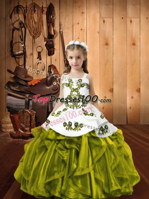 Eye-catching Sleeveless Floor Length Embroidery and Ruffles Lace Up Little Girl Pageant Dress with Olive Green