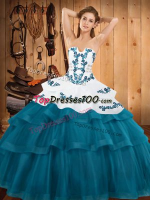 Exquisite Teal Strapless Neckline Embroidery and Ruffled Layers 15 Quinceanera Dress Sleeveless Lace Up
