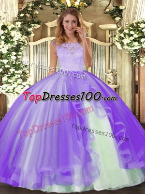 New Arrival Scoop Sleeveless Quinceanera Gowns Floor Length Lace and Ruffles Lavender Tulle
