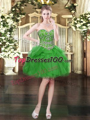 Fashionable Sleeveless Mini Length Beading and Ruffles Lace Up Prom Evening Gown with Green