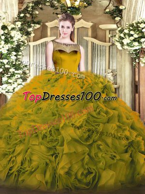 Unique Olive Green Fabric With Rolling Flowers Zipper Scoop Sleeveless Floor Length Quinceanera Dresses Beading