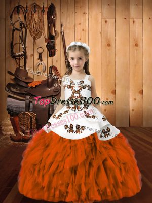 Affordable Orange Red Straps Neckline Embroidery and Ruffles Winning Pageant Gowns Sleeveless Lace Up