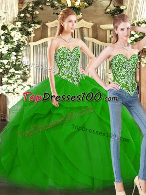 Modest Green Ball Gowns Sweetheart Sleeveless Organza Floor Length Lace Up Beading and Ruffles Sweet 16 Quinceanera Dress