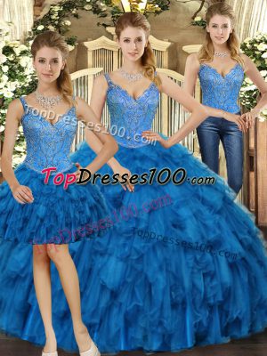 Artistic Floor Length Teal Quinceanera Dresses Straps Sleeveless Lace Up