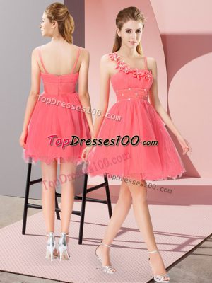 Coral Red Zipper Asymmetric Beading and Hand Made Flower Prom Dresses Organza Sleeveless