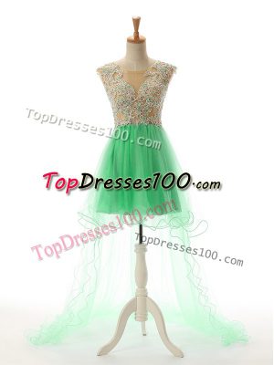 Dramatic Turquoise Sleeveless High Low Appliques Backless Prom Dress
