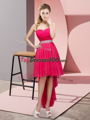 Luxurious Sleeveless Chiffon High Low Lace Up Damas Dress in Hot Pink with Beading
