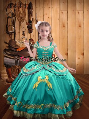 Aqua Blue Off The Shoulder Neckline Beading and Embroidery Little Girl Pageant Gowns Sleeveless Lace Up