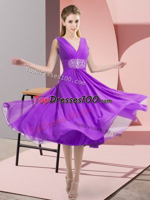 Custom Made Purple Sleeveless Beading Knee Length Bridesmaid Gown