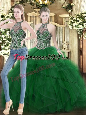 Fancy High-neck Sleeveless Quince Ball Gowns Floor Length Beading and Ruffles Dark Green Organza