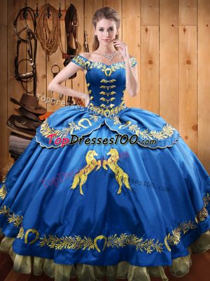 Fancy Blue Off The Shoulder Neckline Beading and Embroidery Ball Gown Prom Dress Sleeveless Lace Up