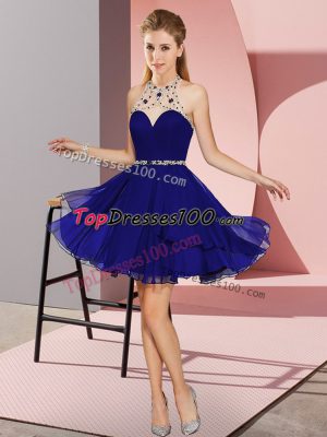 Trendy Blue Chiffon Zipper Halter Top Sleeveless Mini Length Prom Evening Gown Beading