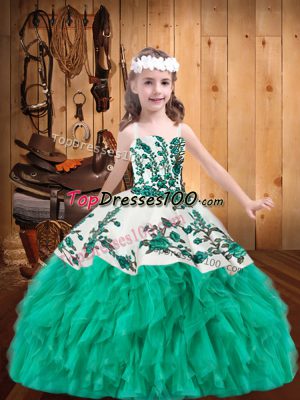 Hot Selling Embroidery and Ruffles Custom Made Pageant Dress Turquoise Lace Up Sleeveless Floor Length