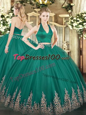 Fabulous Dark Green Halter Top Neckline Appliques Quince Ball Gowns Sleeveless Zipper