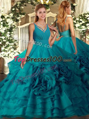 New Arrival With Train Teal 15th Birthday Dress V-neck Sleeveless Sweep Train Backless
