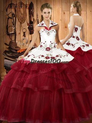 High Class Wine Red Sleeveless Embroidery and Ruffled Layers Lace Up 15 Quinceanera Dress