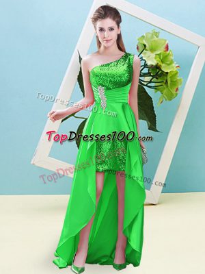 Elastic Woven Satin and Sequined One Shoulder Sleeveless Lace Up Beading and Sequins Prom Party Dress in Green