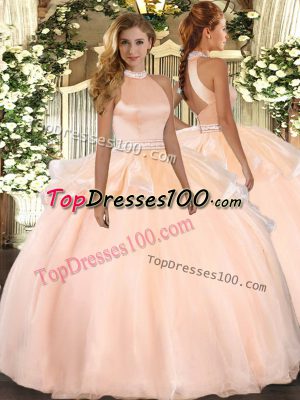 Halter Top Sleeveless Tulle Quinceanera Gowns Beading and Ruffles Backless