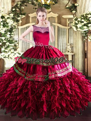 Perfect Coral Red Ball Gowns Scoop Sleeveless Organza Floor Length Zipper Beading and Ruffles Sweet 16 Quinceanera Dress