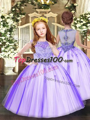 Excellent Lavender Ball Gowns Tulle Scoop Sleeveless Beading and Appliques Floor Length Zipper Child Pageant Dress