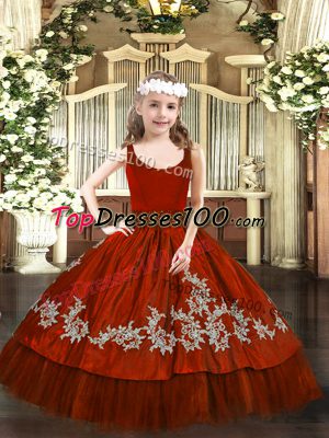 Luxurious Wine Red Ball Gowns Beading and Appliques Little Girls Pageant Dress Zipper Taffeta Sleeveless Floor Length
