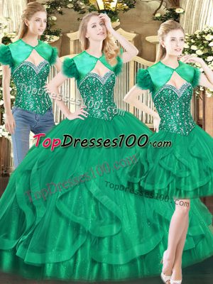 Ball Gowns Sweet 16 Dresses Dark Green Sweetheart Tulle Sleeveless Floor Length Lace Up
