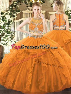 Orange Two Pieces Scoop Sleeveless Tulle Floor Length Zipper Beading and Ruffles Ball Gown Prom Dress