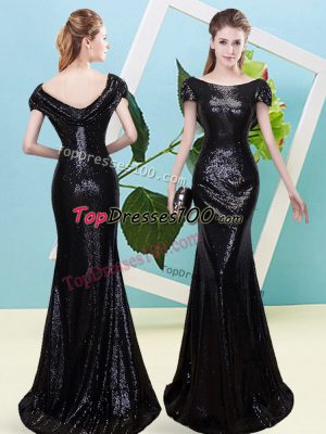 Floor Length Zipper Evening Dress Black for Prom and Party with Sequins