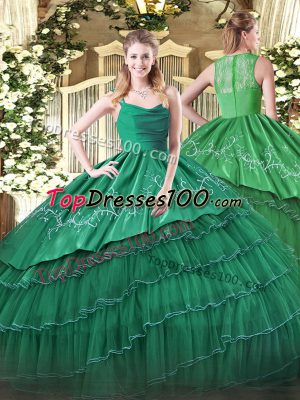 Dark Green Zipper Straps Embroidery and Ruffled Layers Quinceanera Gowns Organza and Taffeta Sleeveless