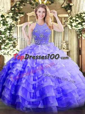 Superior Lavender Ball Gowns Halter Top Sleeveless Organza Floor Length Zipper Beading and Ruffled Layers Quince Ball Gowns