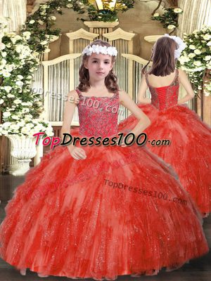 Latest Coral Red Lace Up Girls Pageant Dresses Beading and Ruffles Sleeveless Floor Length