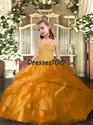 Floor Length Lace Up Custom Made Orange for Party and Sweet 16 and Quinceanera and Wedding Party with Beading and Ruffles