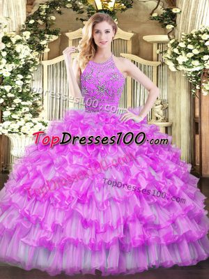 Affordable Halter Top Sleeveless Sweet 16 Quinceanera Dress Floor Length Beading and Ruffled Layers Lilac Tulle